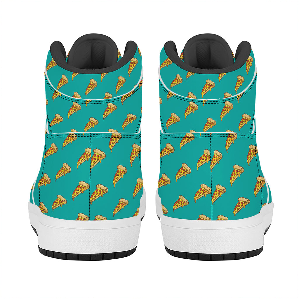Teal Pizza Pattern Print High Top Leather Sneakers