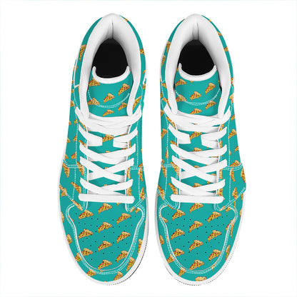 Teal Pizza Pattern Print High Top Leather Sneakers