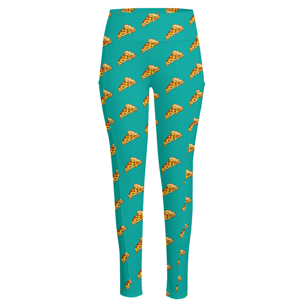 Teal Pizza Pattern Print High-Waisted Pocket Leggings