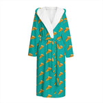 Teal Pizza Pattern Print Hooded Bathrobe