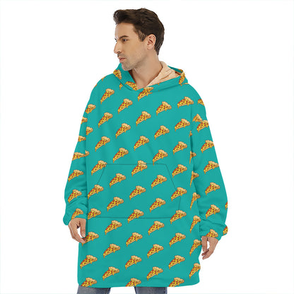 Teal Pizza Pattern Print Hoodie Blanket