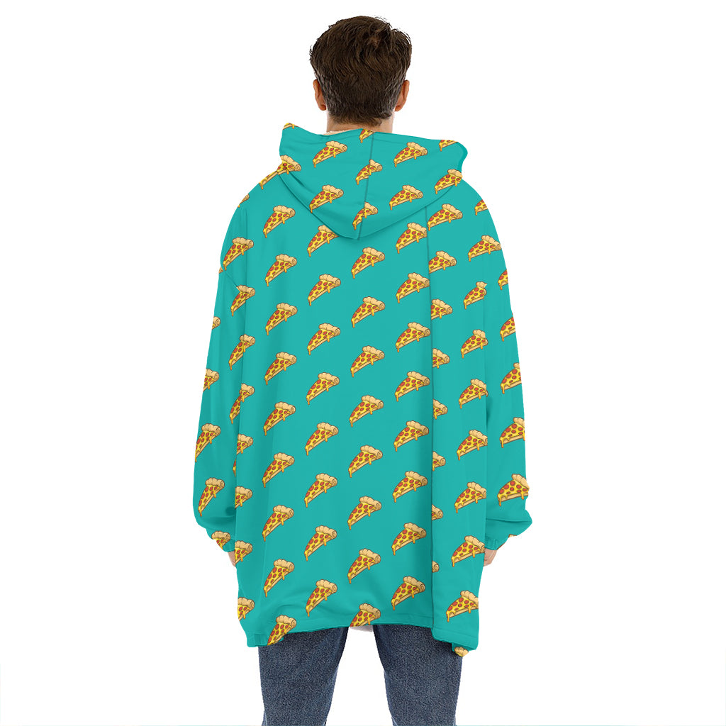 Teal Pizza Pattern Print Hoodie Blanket