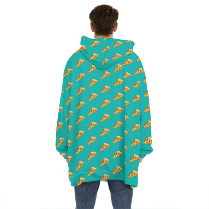 Teal Pizza Pattern Print Hoodie Blanket