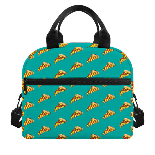 Teal Pizza Pattern Print Insulated Lunch Bag