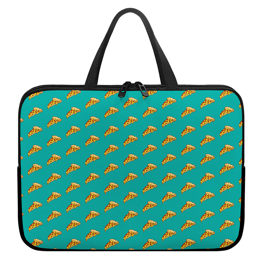 Teal Pizza Pattern Print Laptop Sleeve With Handle