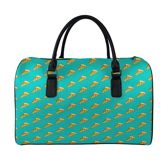 Teal Pizza Pattern Print Leather Duffle Bag