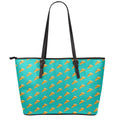 Teal Pizza Pattern Print Leather Tote Bag With Zipper