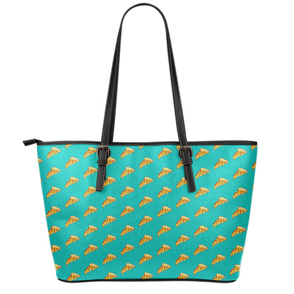 Teal Pizza Pattern Print Leather Tote Bag