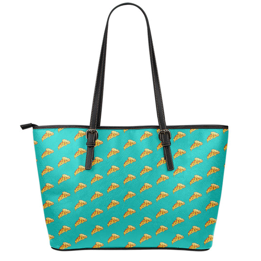 Teal Pizza Pattern Print Leather Tote Bag