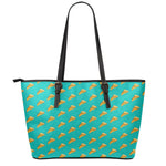 Teal Pizza Pattern Print Leather Tote Bag