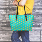 Teal Pizza Pattern Print Leather Tote Bag