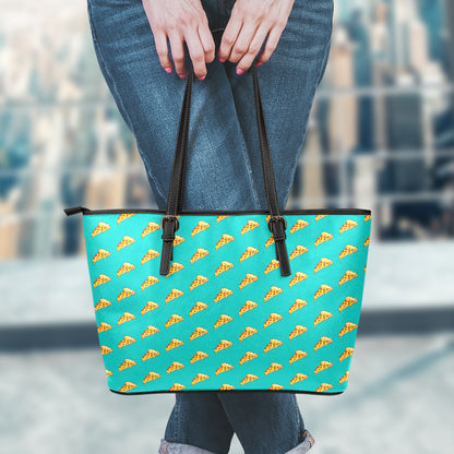 Teal Pizza Pattern Print Leather Tote Bag