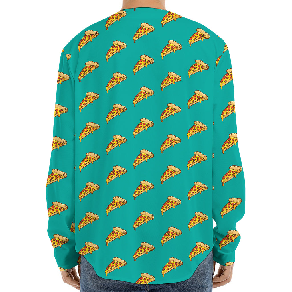 Teal Pizza Pattern Print Long Sleeve Baseball Jersey