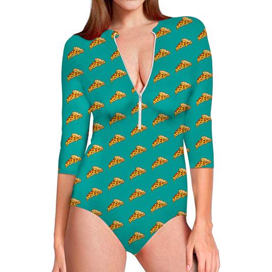 Teal Pizza Pattern Print Long Sleeve Swimsuit