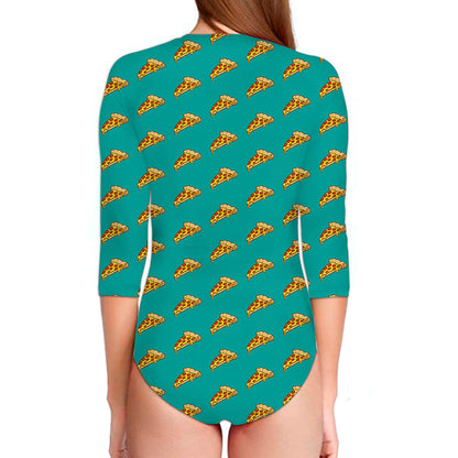 Teal Pizza Pattern Print Long Sleeve Swimsuit