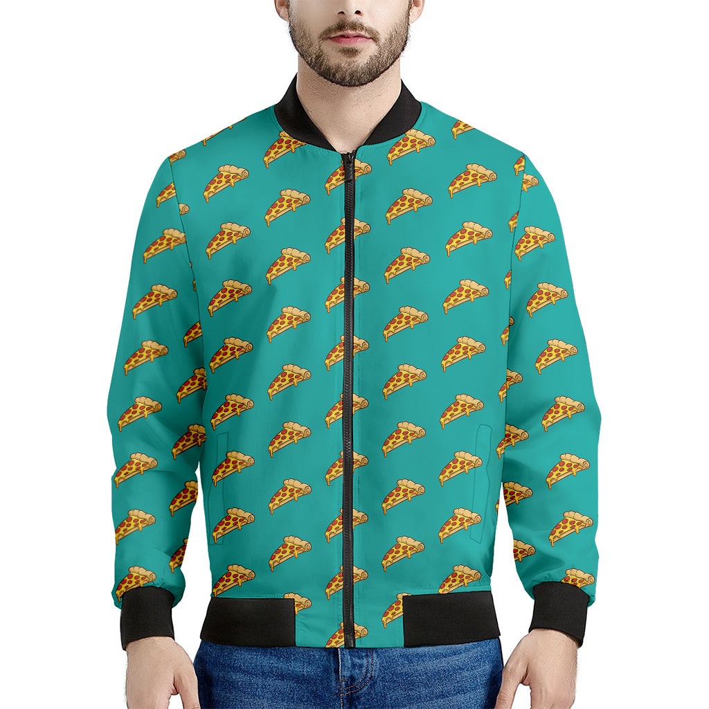 Teal Pizza Pattern Print Men's Bomber Jacket