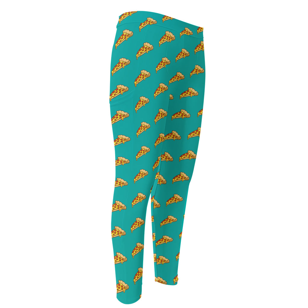 Teal Pizza Pattern Print Men's Compression Pants