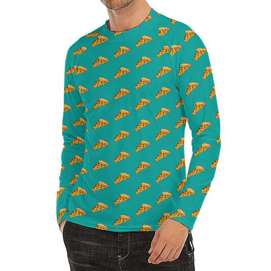 Teal Pizza Pattern Print Men's Long Sleeve Rash Guard