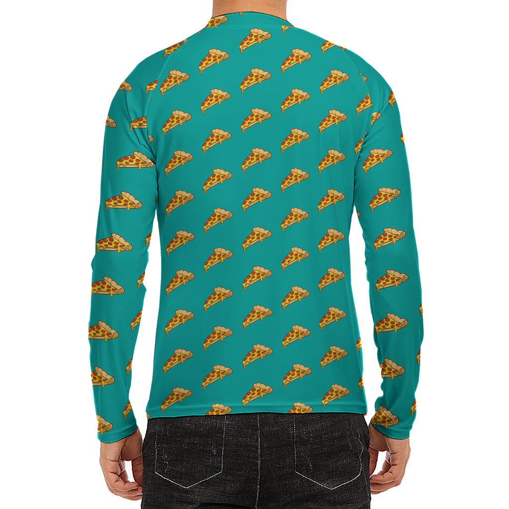 Teal Pizza Pattern Print Men's Long Sleeve Rash Guard