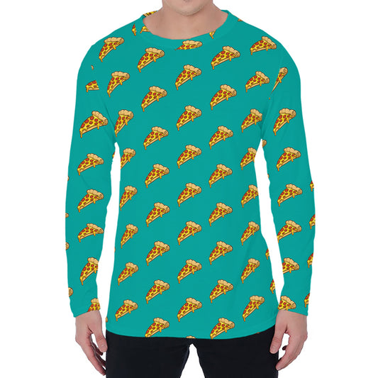 Teal Pizza Pattern Print Men's Long Sleeve T-Shirt