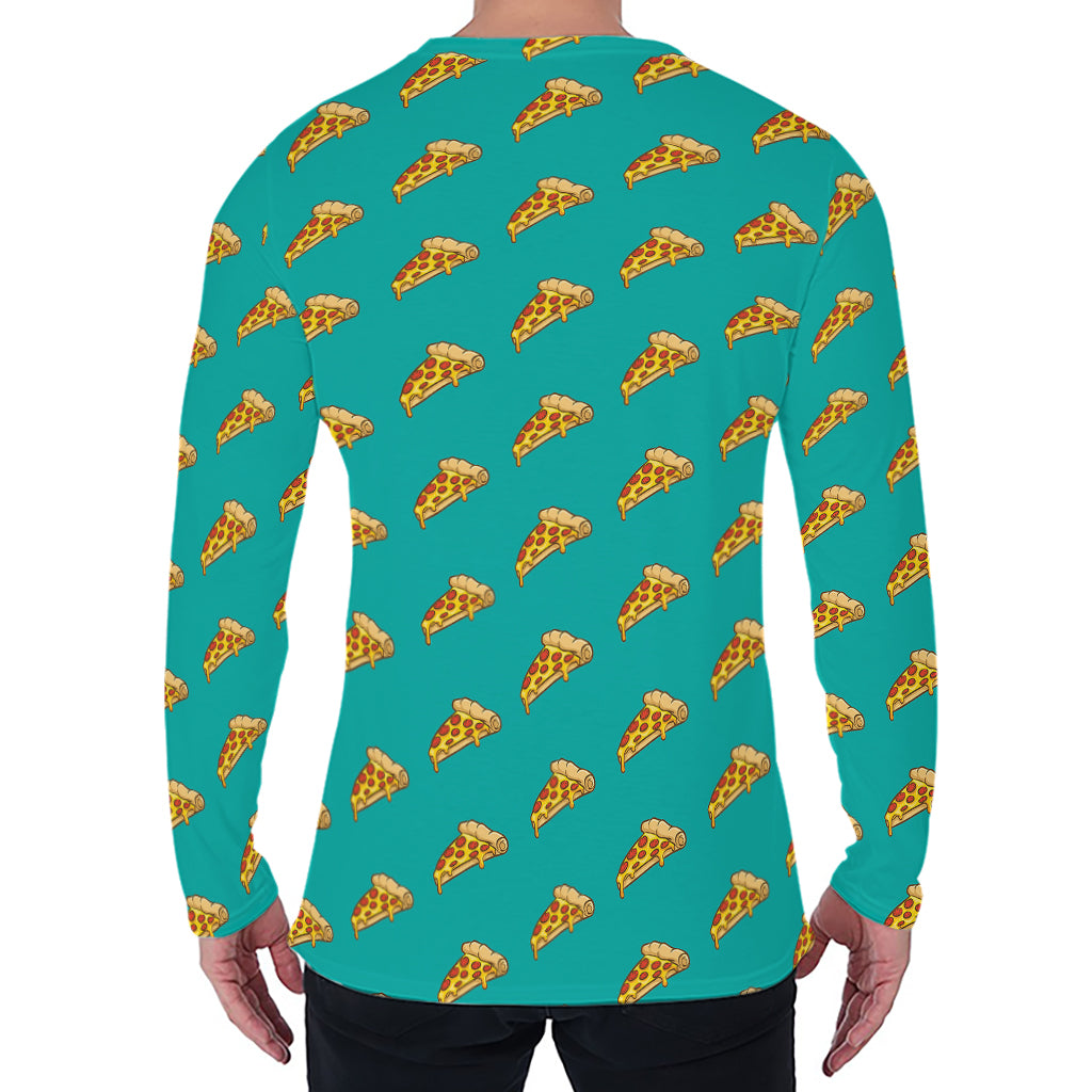 Teal Pizza Pattern Print Men's Long Sleeve T-Shirt