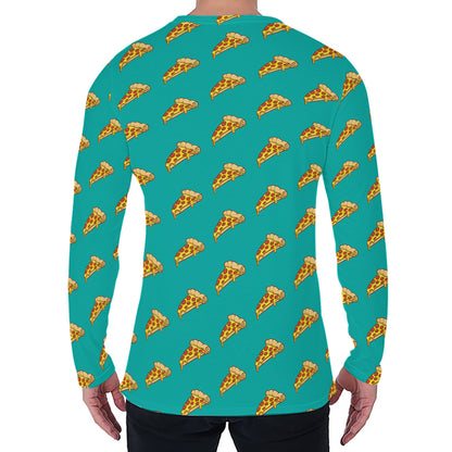 Teal Pizza Pattern Print Men's Long Sleeve T-Shirt