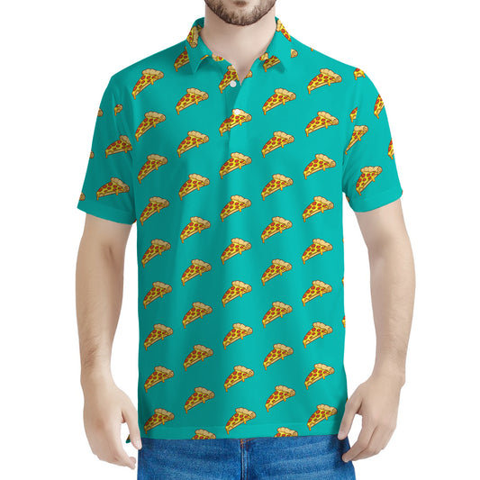 Teal Pizza Pattern Print Men's Polo Shirt