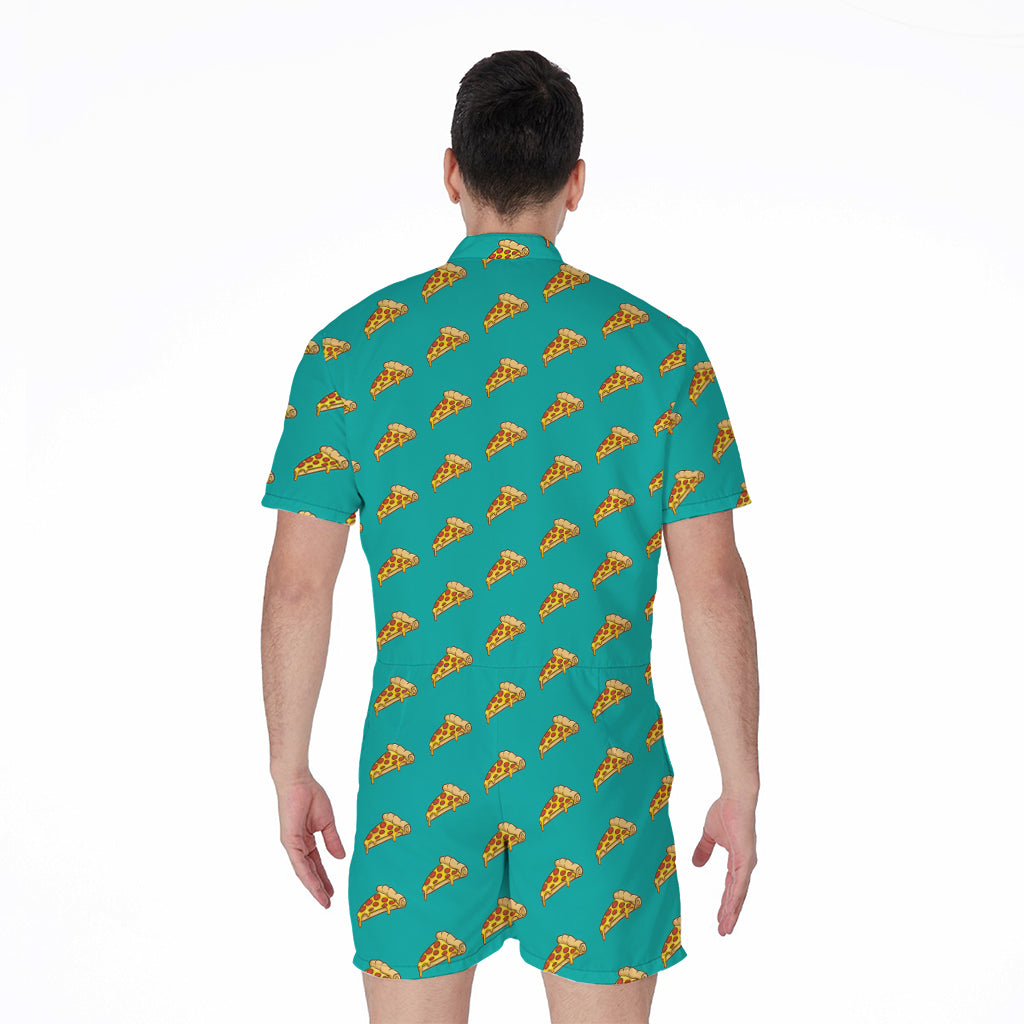 Teal Pizza Pattern Print Men's Rompers