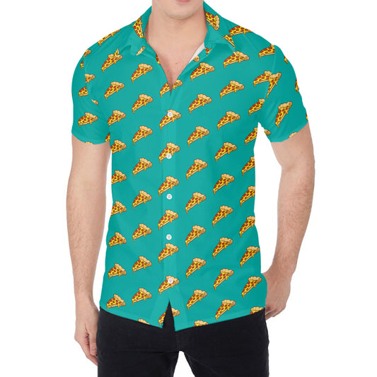 Teal Pizza Pattern Print Men's Shirt