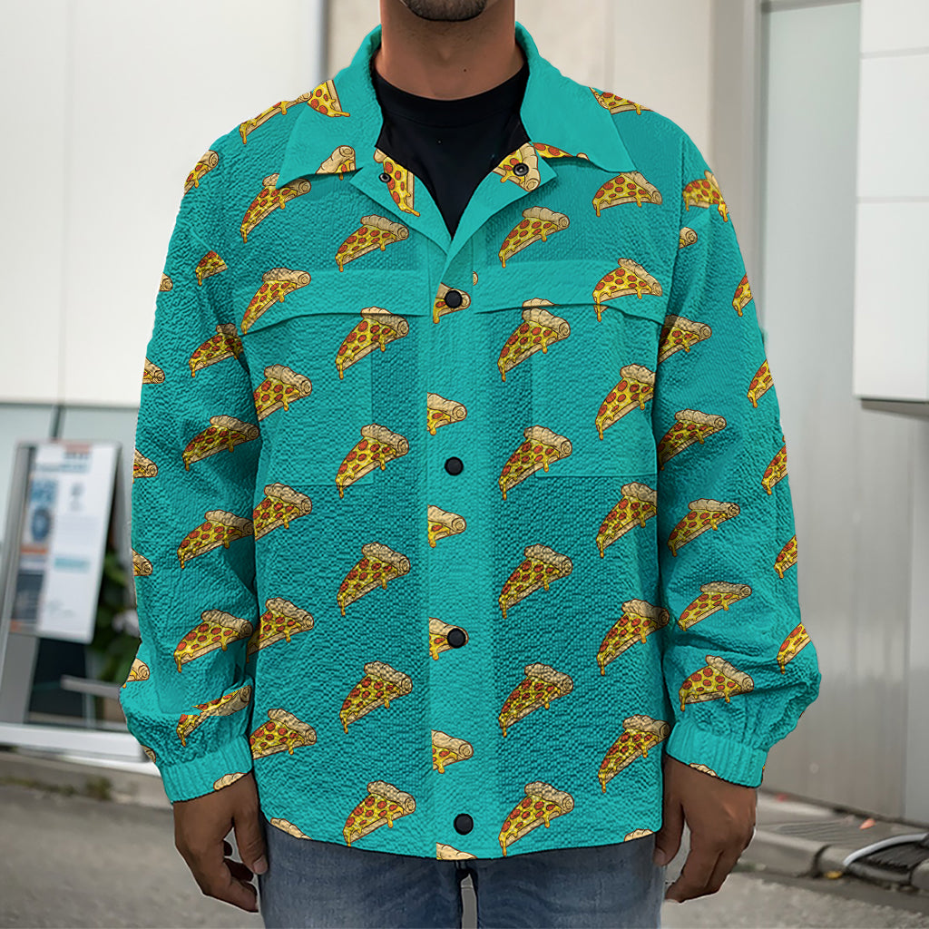 Teal Pizza Pattern Print Men's Shirt Jacket