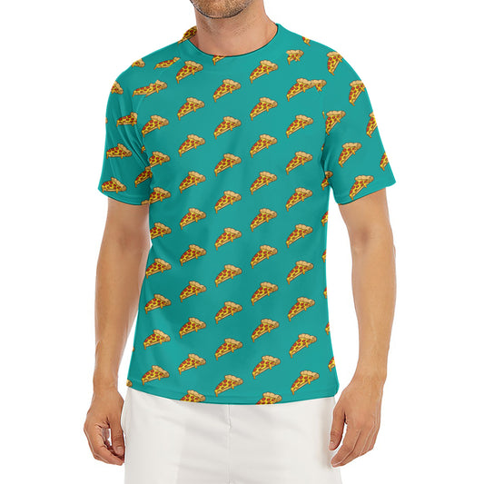 Teal Pizza Pattern Print Men's Short Sleeve Rash Guard