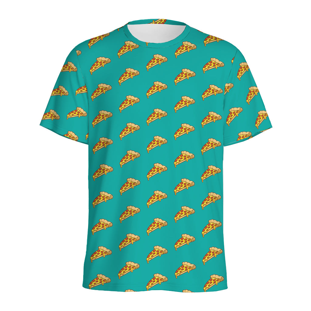 Teal Pizza Pattern Print Men's Sports T-Shirt