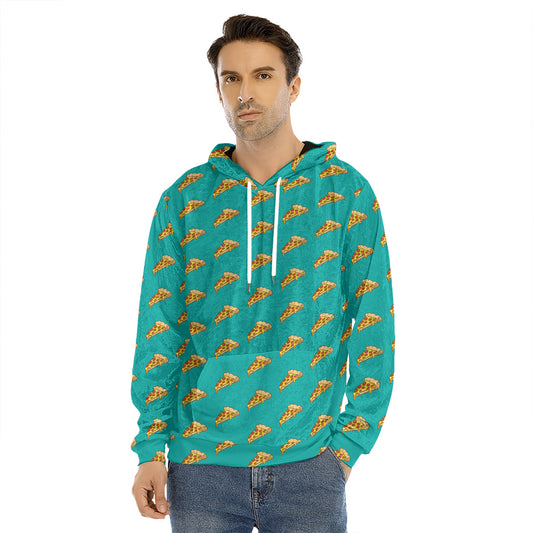 Teal Pizza Pattern Print Men's Velvet Pullover Hoodie