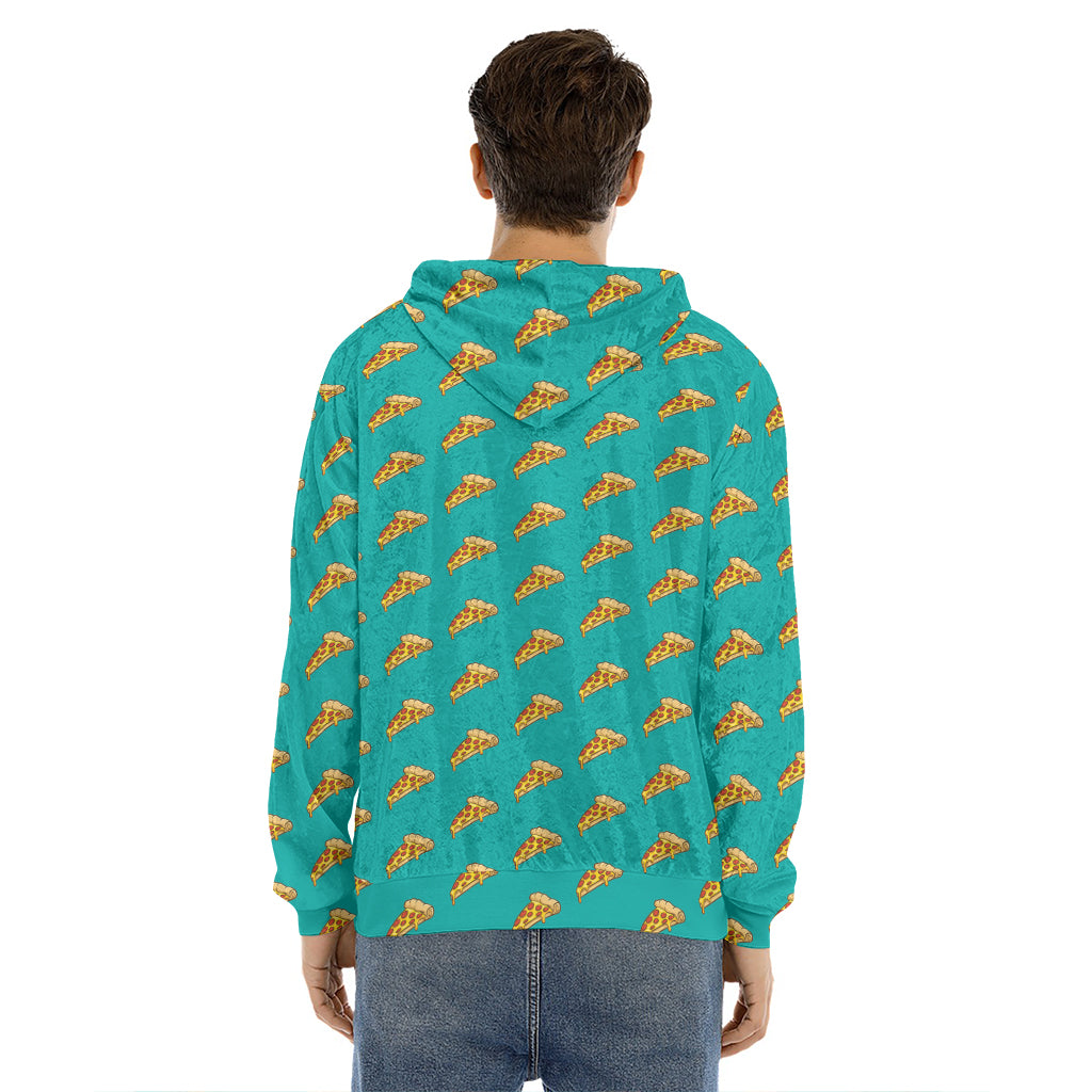 Teal Pizza Pattern Print Men's Velvet Pullover Hoodie