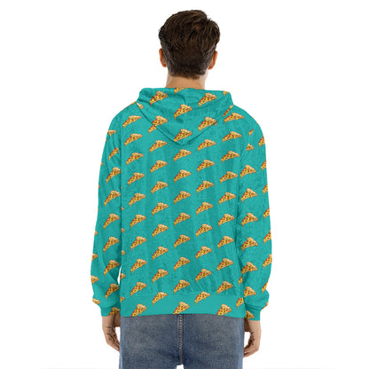 Teal Pizza Pattern Print Men's Velvet Pullover Hoodie