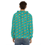 Teal Pizza Pattern Print Men's Velvet Pullover Hoodie