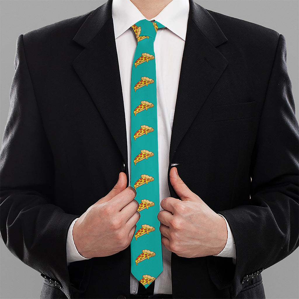 Teal Pizza Pattern Print Necktie