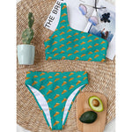 Teal Pizza Pattern Print One Shoulder Bikini Top