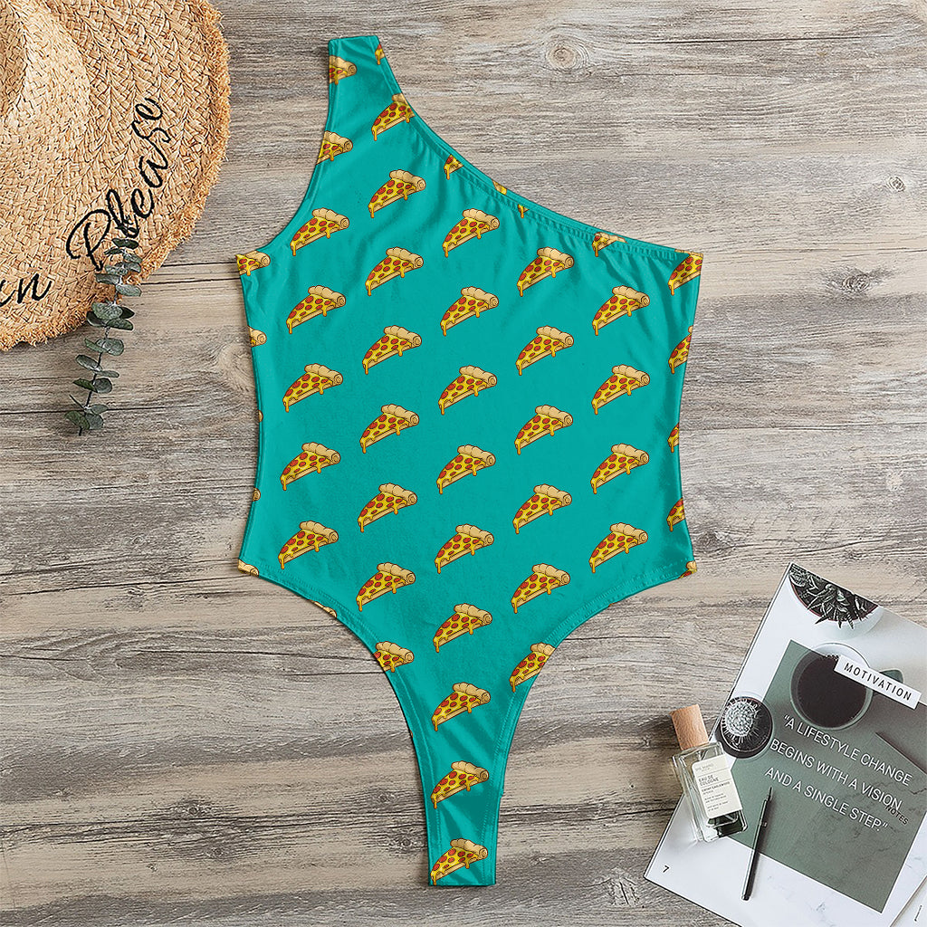 Teal Pizza Pattern Print One Shoulder Bodysuit