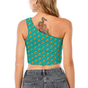 Teal Pizza Pattern Print One Shoulder Crop Top