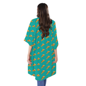 Teal Pizza Pattern Print Open Front Beach Cover Up