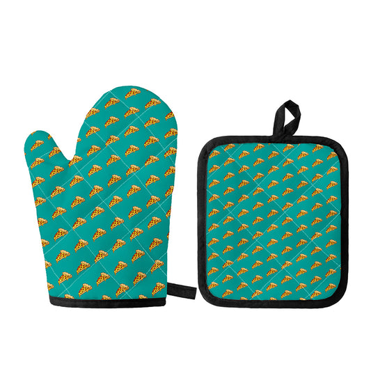 Teal Pizza Pattern Print Oven Mitt And Pot Holder Set