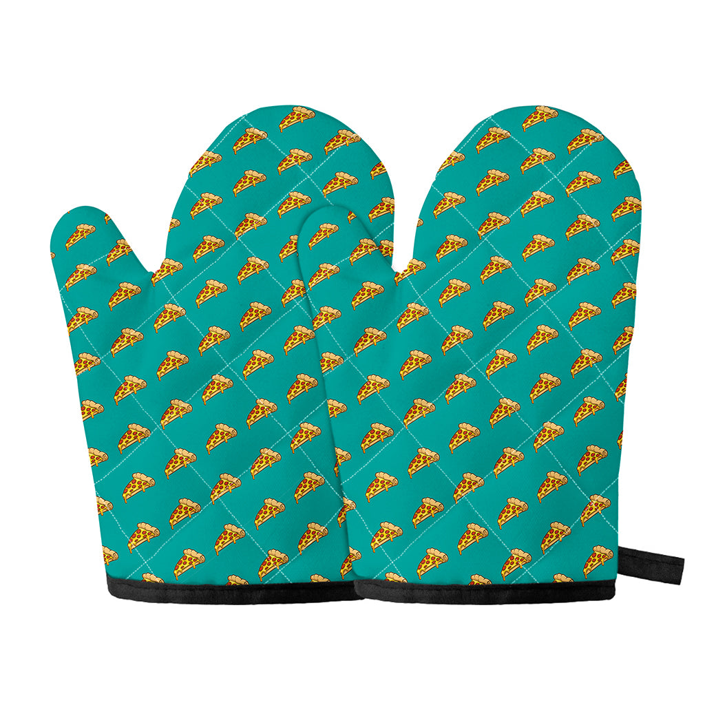 Teal Pizza Pattern Print Oven Mitts