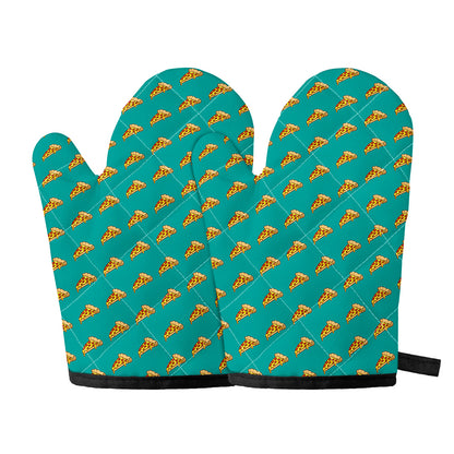 Teal Pizza Pattern Print Oven Mitts