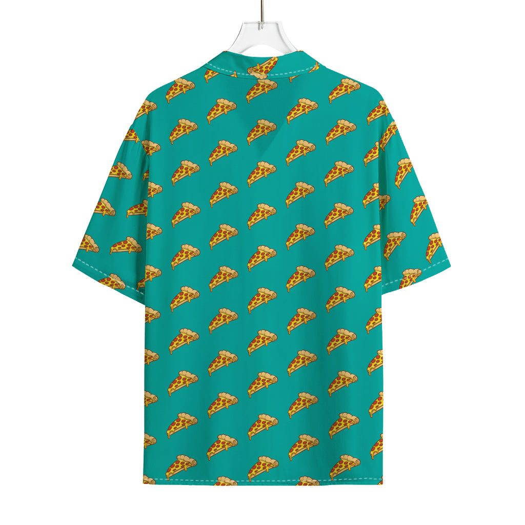 Teal Pizza Pattern Print Rayon Hawaiian Shirt