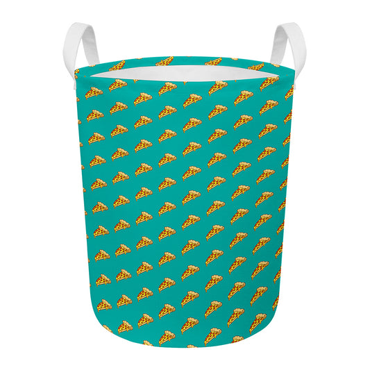 Teal Pizza Pattern Print Round Laundry Basket