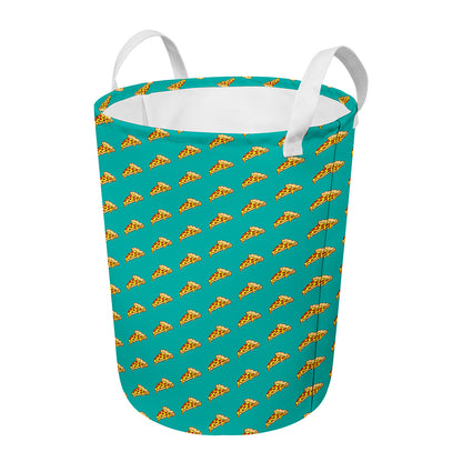 Teal Pizza Pattern Print Round Laundry Basket