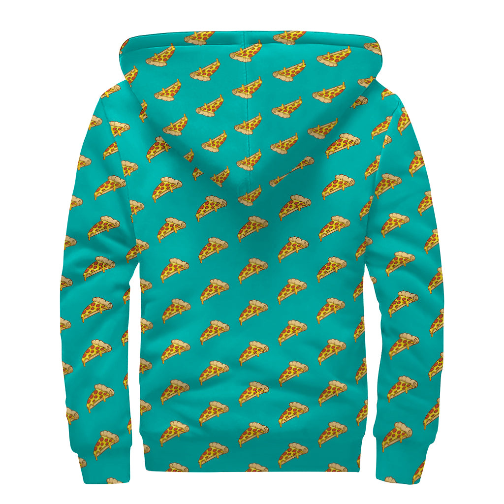 Teal Pizza Pattern Print Sherpa Lined Zip Up Hoodie