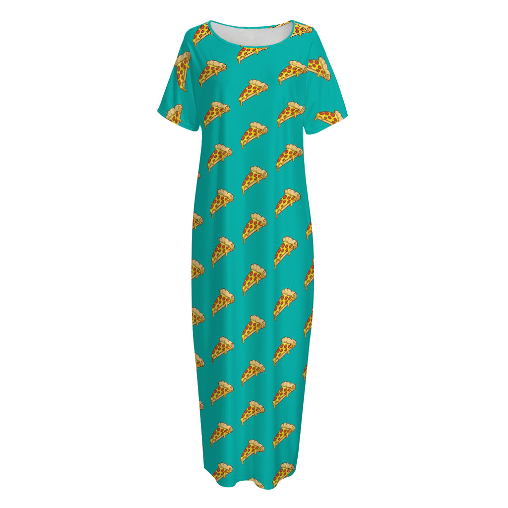 Teal Pizza Pattern Print Short Sleeve Long Nightdress