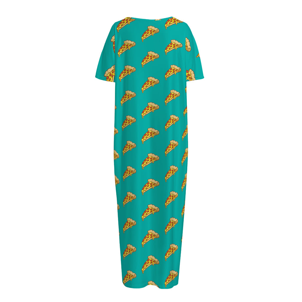 Teal Pizza Pattern Print Short Sleeve Long Nightdress